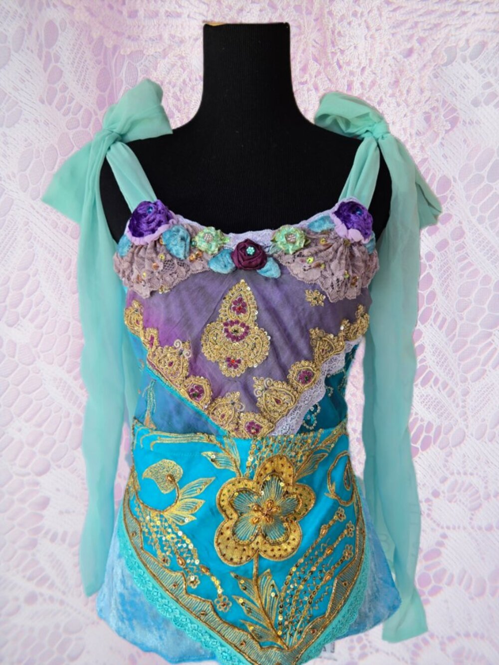 Lavender & Blue Velvet and Vintage Embroidered Blouse | Size Medium